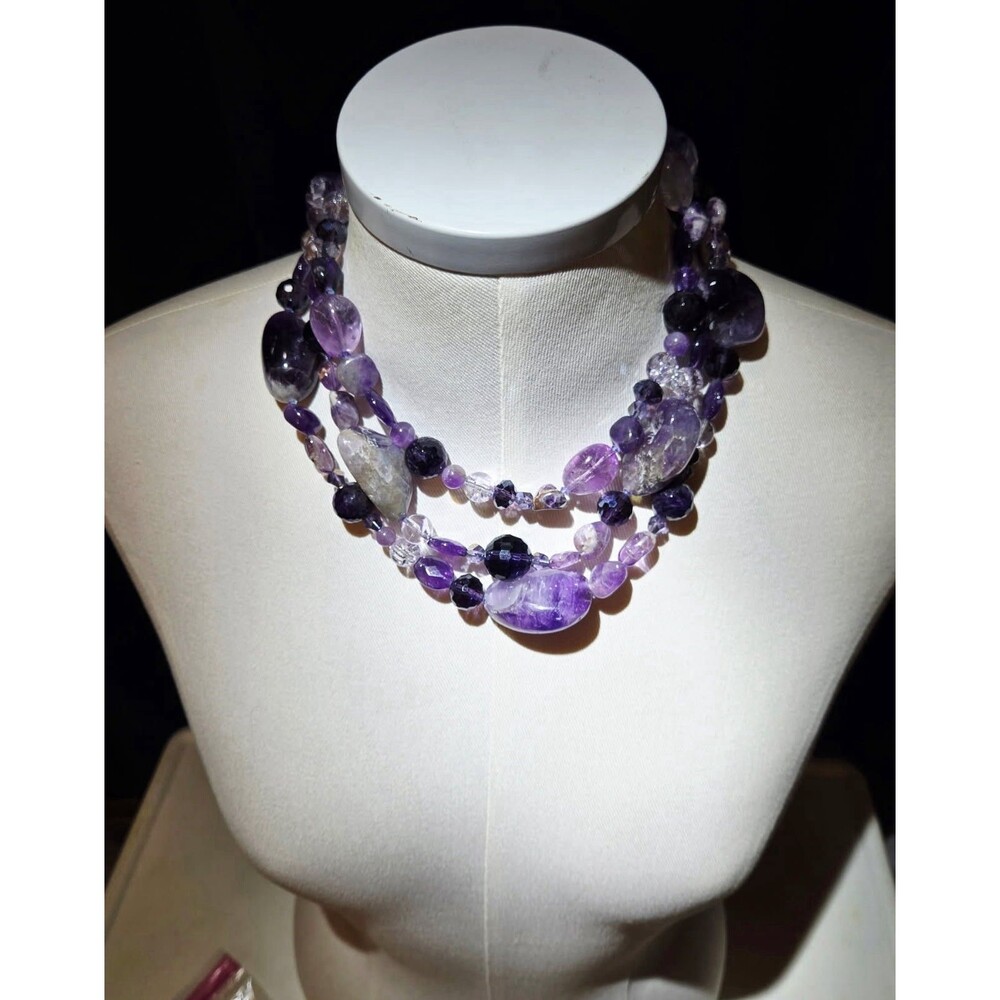 Purple Amethyst Gemstone Beaded Multi Strand Statement Necklace